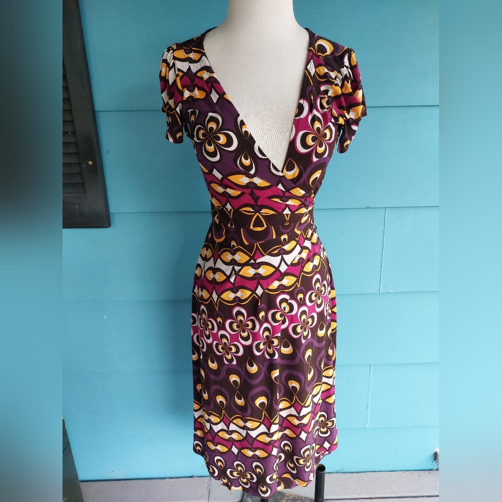 Bisou Bisou Purple and Yellow Patterned Midi Dress